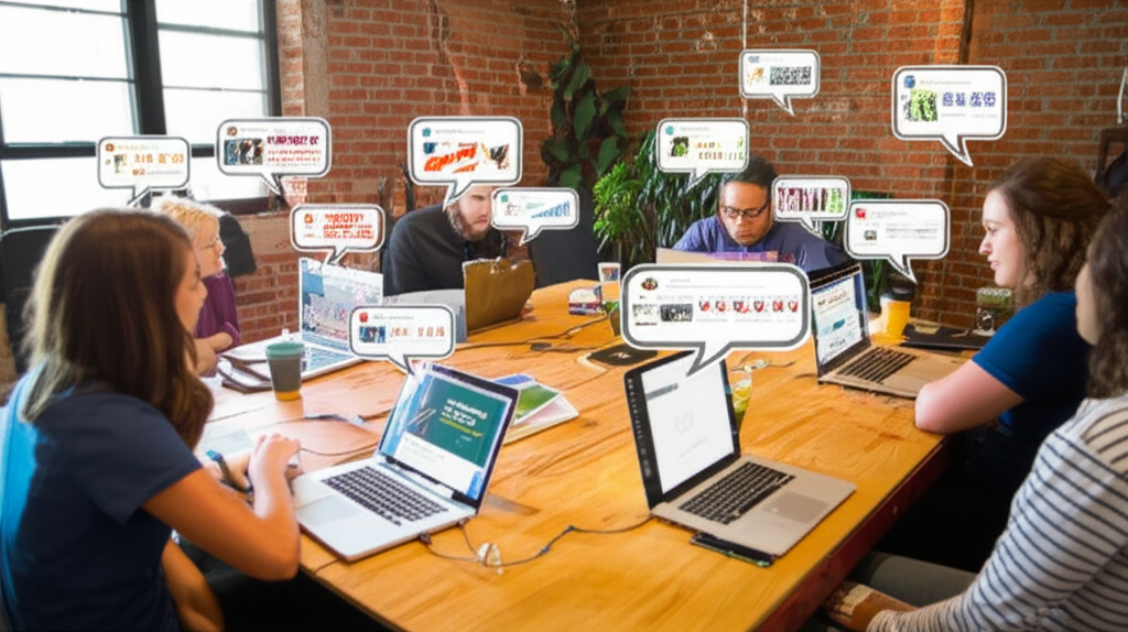 Grid of 9 initial design concepts showing different work environments with futuristic projections