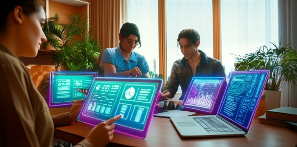 Grid of 9 initial design concepts showing different work environments with futuristic projections