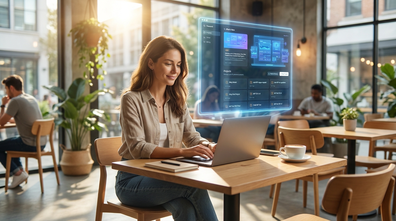Cafe worker with dashboard hologram