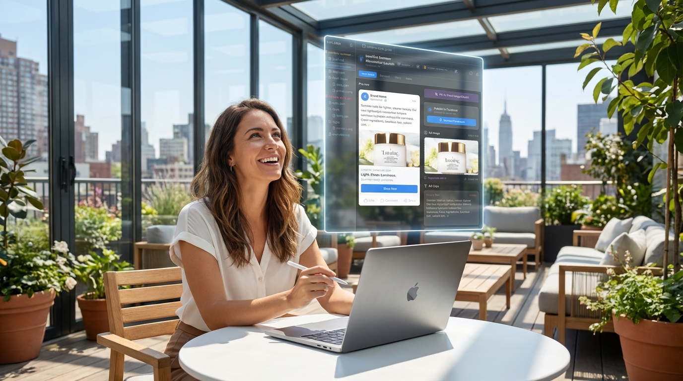 Rooftop cafe with ad creation interface