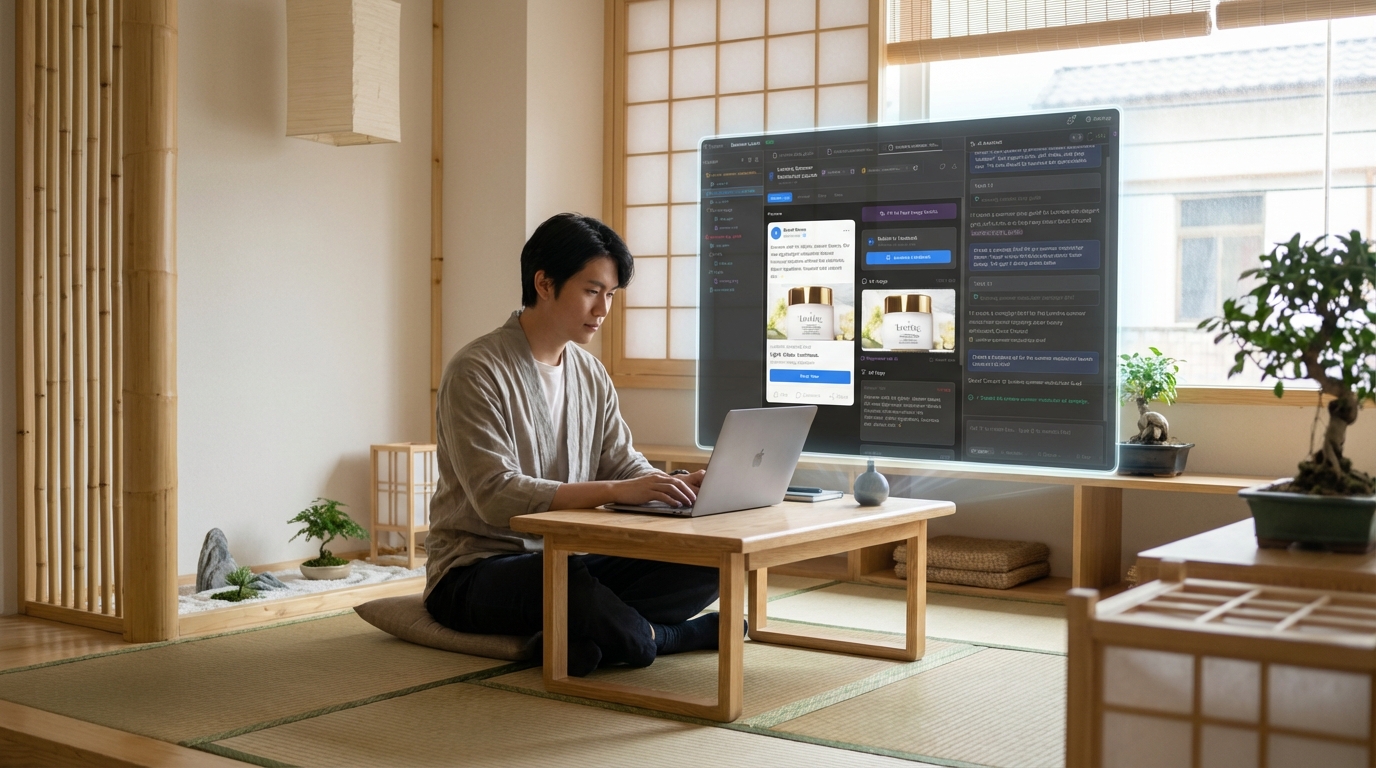 Minimalist Japanese cafe with ad viewer